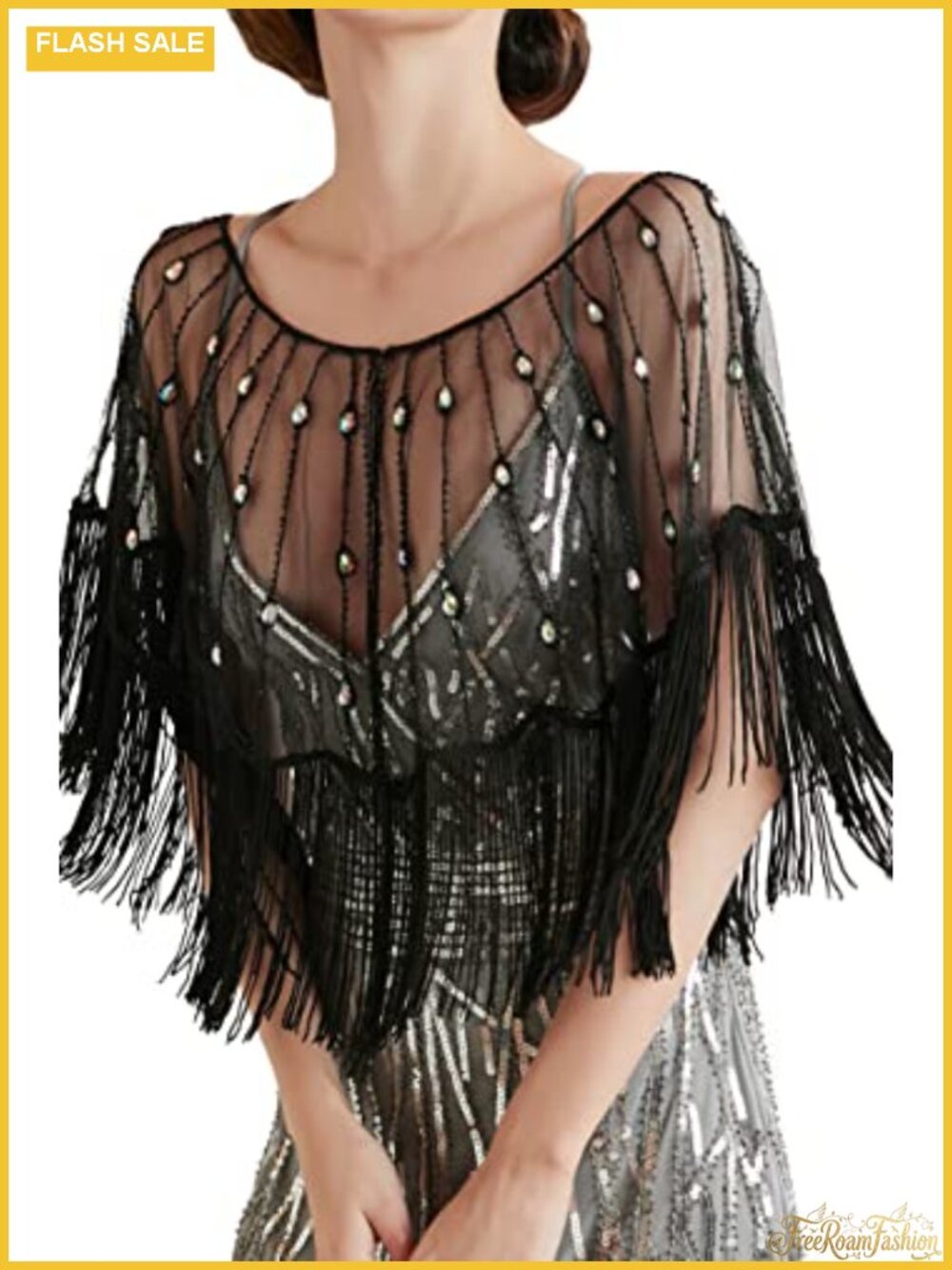 Sequin Beaded Shawl Wrap 1920s Evening Cape Fringe Party Cover Up
